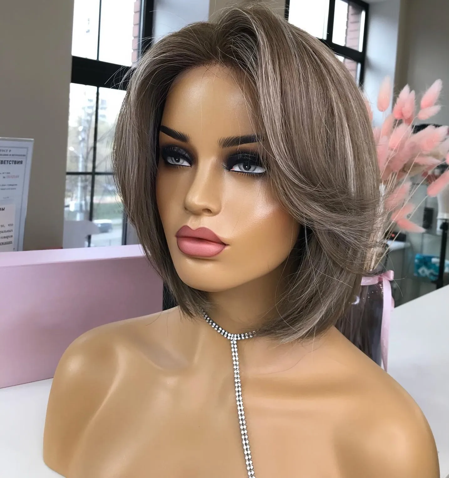 Glueless Ash Brown Highlight Color Pixie Short Cut Bob Wig Natural Look Raw Human Hair Transparent HD Lace Front Wigs For Women