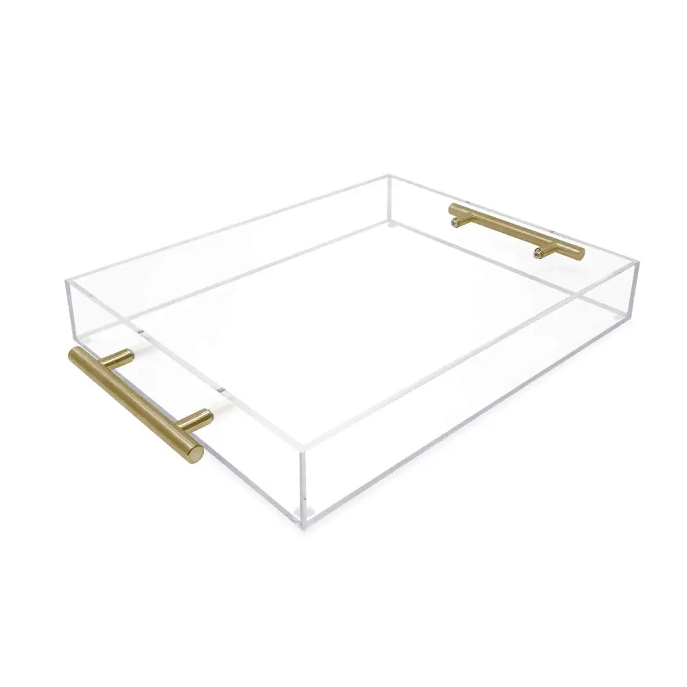 Custom Clear Acrylic Lucite Serving Trays with Metal Gold or Cutting Handles, Bottom Insert and UV Printing Decorative Trays