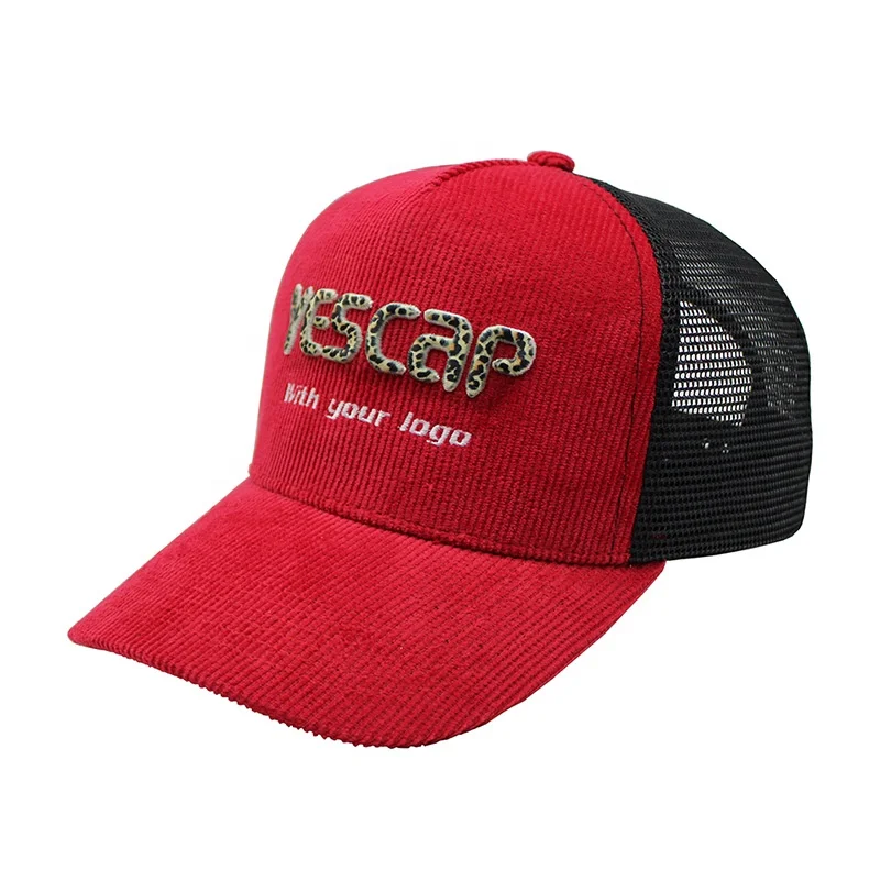Wholesale Hats With 3D Puff Embroidery Printing Leopard logo Corduroy Mesh Trucker Snapback Hats
