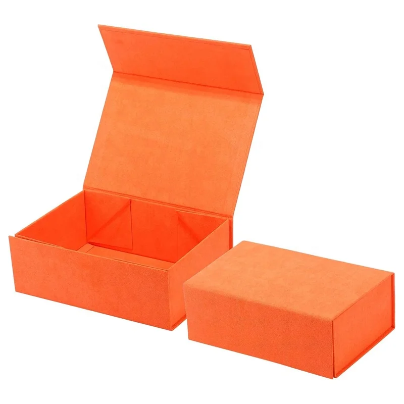 Custom Orange Velvet Cover Luxury Jewelry Bridesmaid Proposal Packaging Foldable Magnetic Cardboard Gift Box with Lids Accept