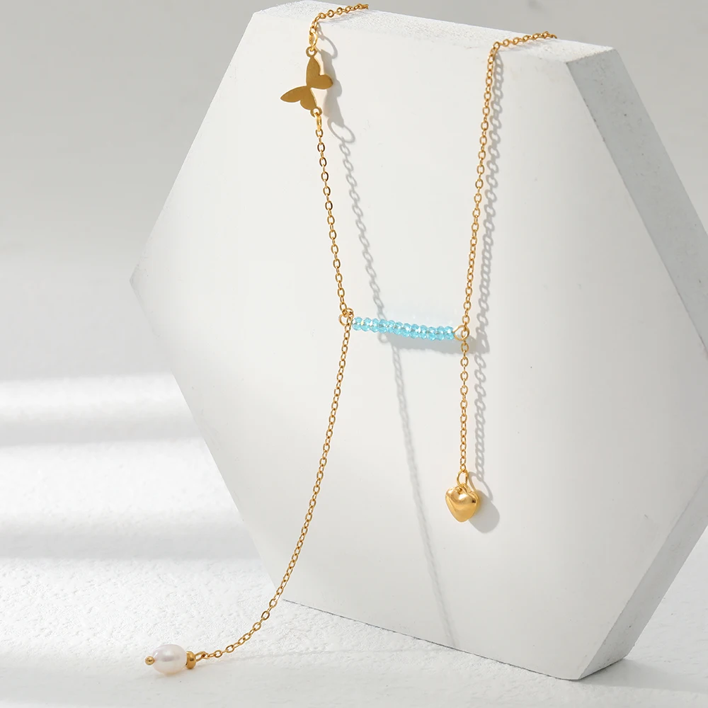 Fashion Pendant Blue Crystals Pearl Heart Necklace for Women Charm Butterfly Choker Necklaces Stainless Steel Jewelry Party Gift