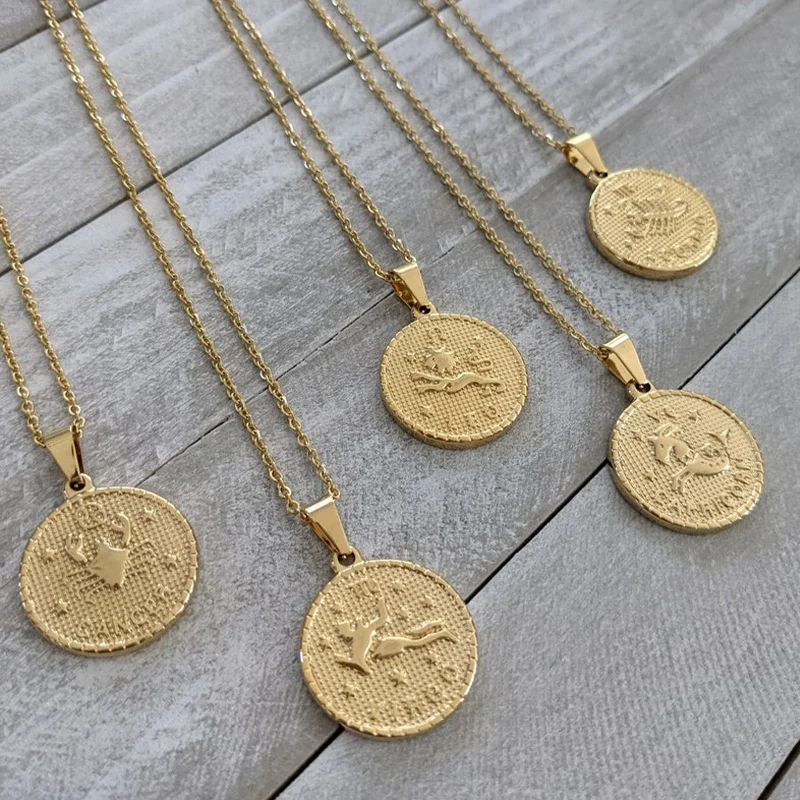 High Quality Women Jewelry 18K Gold Plated Disc Coin Stainless Steel Horoscope Zodiac Pendant Necklace For Women