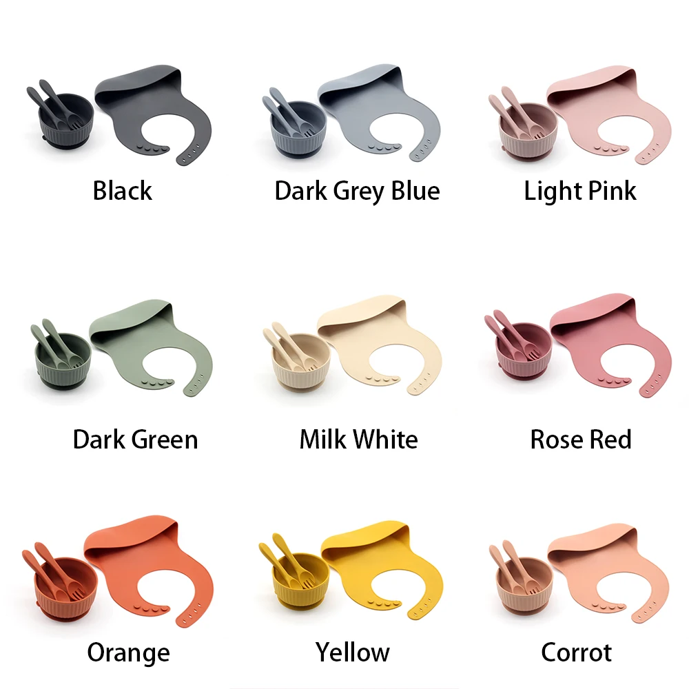 Baby Feeding Set Food Grade Silicone Bibs Baby Plate Non-silp Suction Bowl Kids Tableware Waterproof Bib Spoon BPA Free