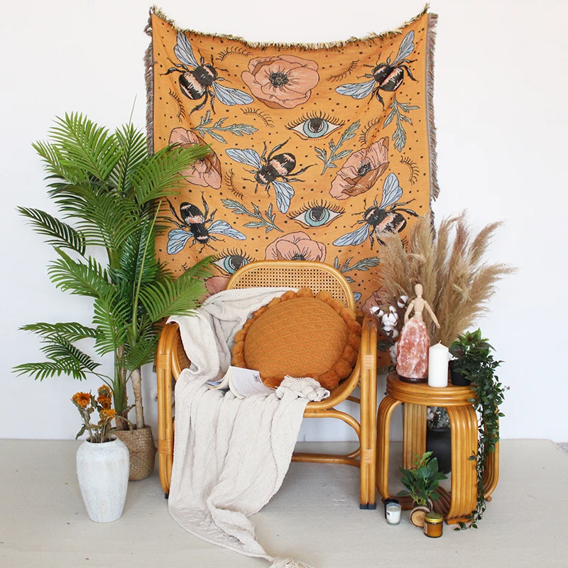 Monad Wholesale Picnic Blanket Bee Flower Eyes Custom Woven Tapestry Jacquard Fabric Throw Blanket for Outdoor Indoor