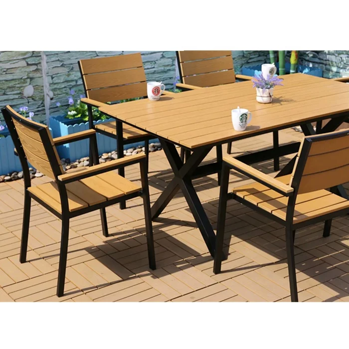 
New style Patio FurnitureEnvironmental Protection Material Teak color Composite Wood and Plastic Garden Table and 6 Chairs 
