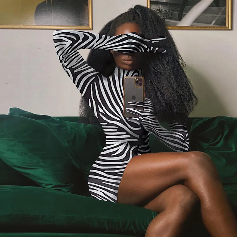 
J Hot sell china factory supply printing zabra women fashion dresses new design stand collar bodycon tight zebra fall 