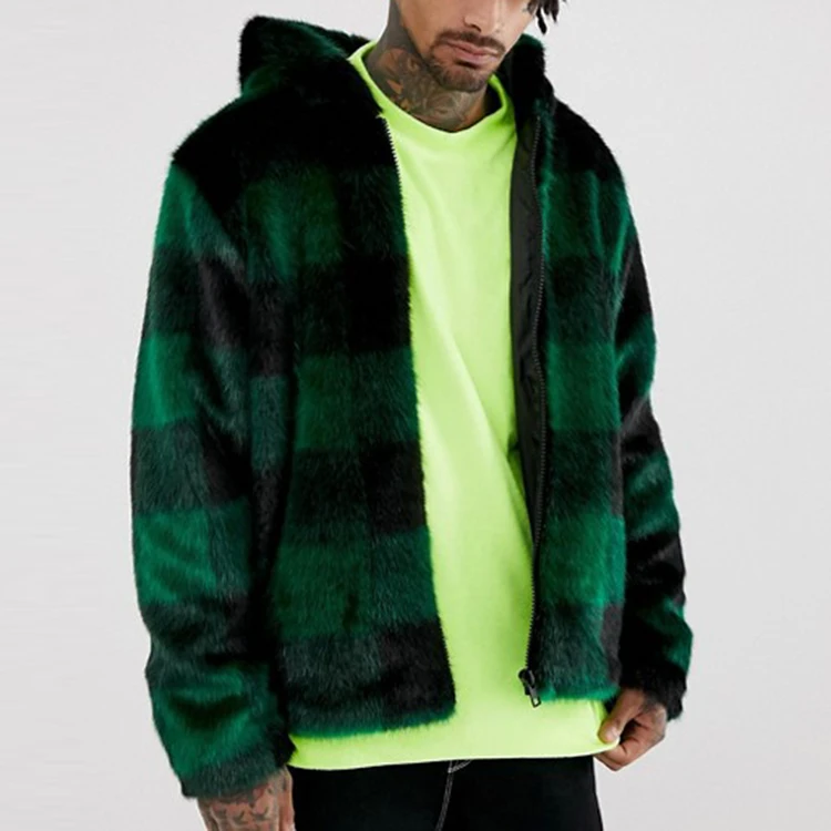 men faux fur coat lightweight green check Fixed hood faux fur jacket