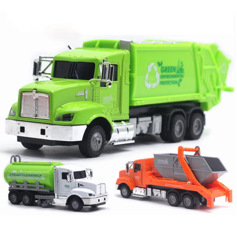 Newest Arrival 1:43 metal truck vehicle Green cleaning car Diecast friction toy vehicle pull back orange garbage truck toy