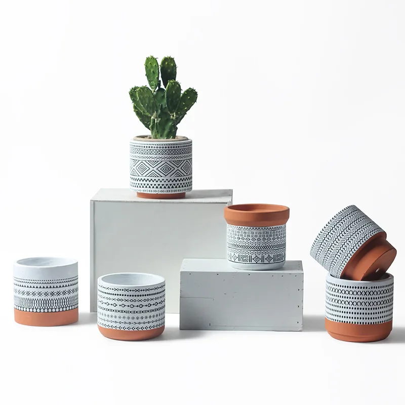 Nordic cement flowerpot ceramic machine carving fashion simple literary personality retro indoor Rose Green Rose bonsai