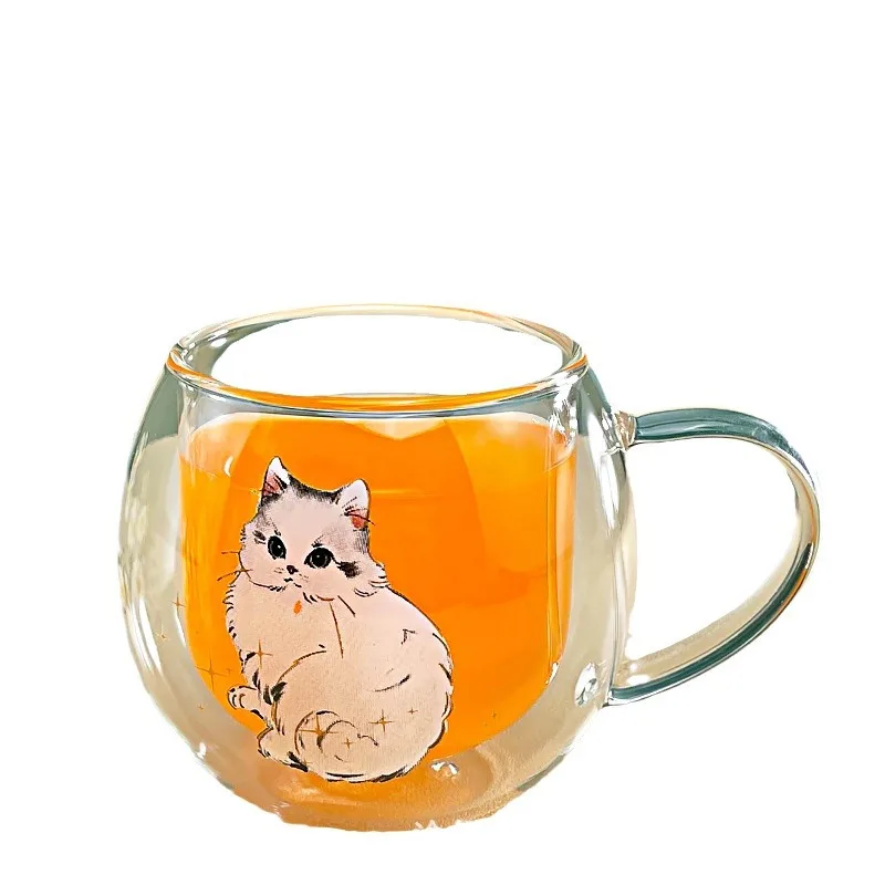Modern 12 oz Double Wall Insulated Glass Coffee Mugs 6-Pack with Handle Clear Drinkware for Espresso Lazzy Cute Cat Coffee Cup