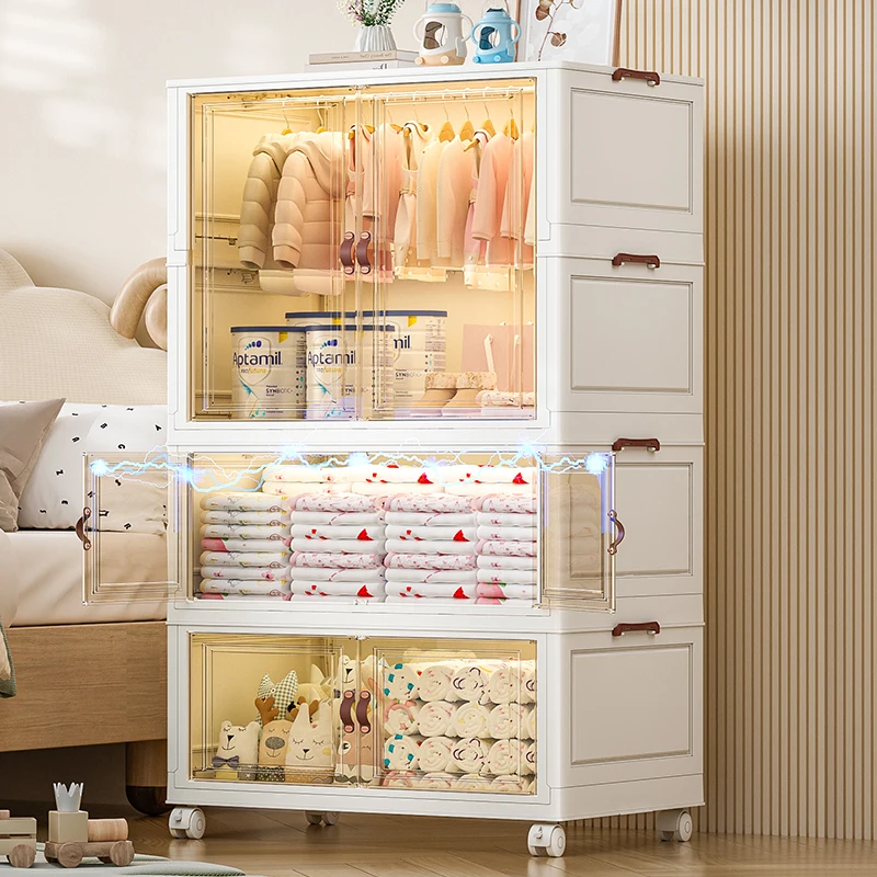 Kids Wardrobe Transparent Plastic Foldable Storage Cabinet For Cloth