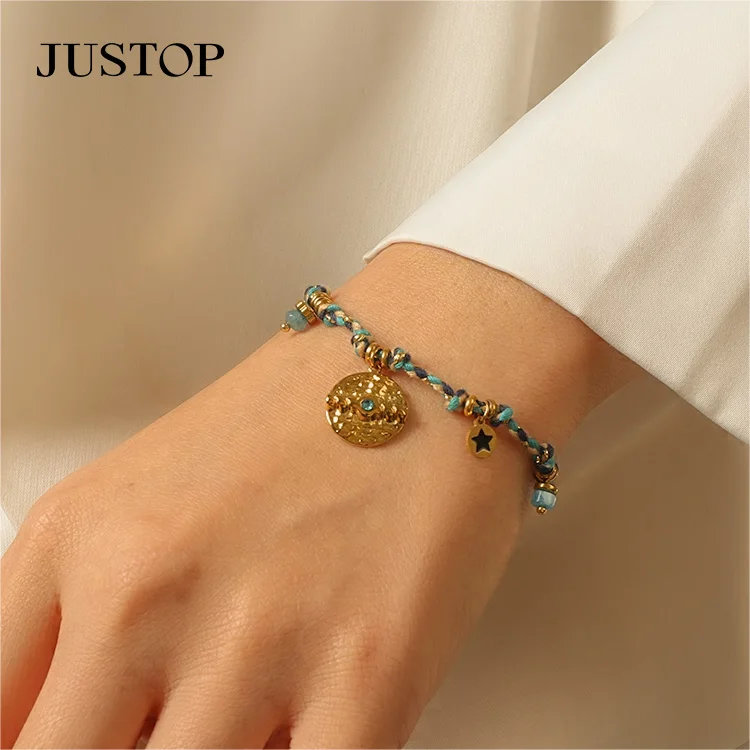 Jewelry Bohemia 18K Gold Stainless Steel Black Enamel Moon Star Cotton Braided Bracelet Clavicle Necklace Jewelry Set for Women