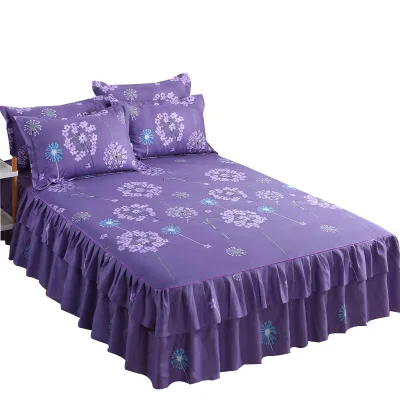 Bed Skirts Set Double Layer Bedspread Floral Printed Cotton Bed Cover Bilateral Bed Skirt + 2 Pair Of Pillowcase