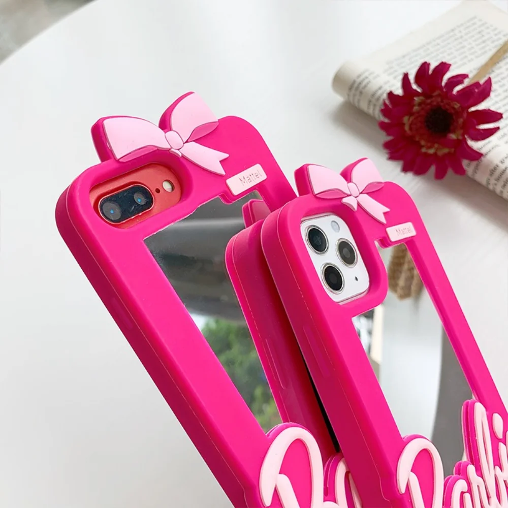 Lovely Pink Luxury Women Barbie Make Up Mirror Mobile Phone Case For iPhone 14 13 12 11 Pro Max Soft Silicone Protection Cover