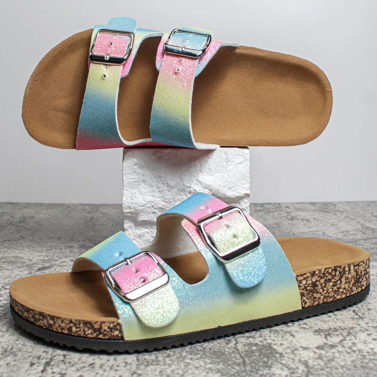 Happyslides Hot Style Beautiful Leisure Slippers ,Fashion Popular Pastel Rainbow Glitter Gold Buckle PU Women Sandals