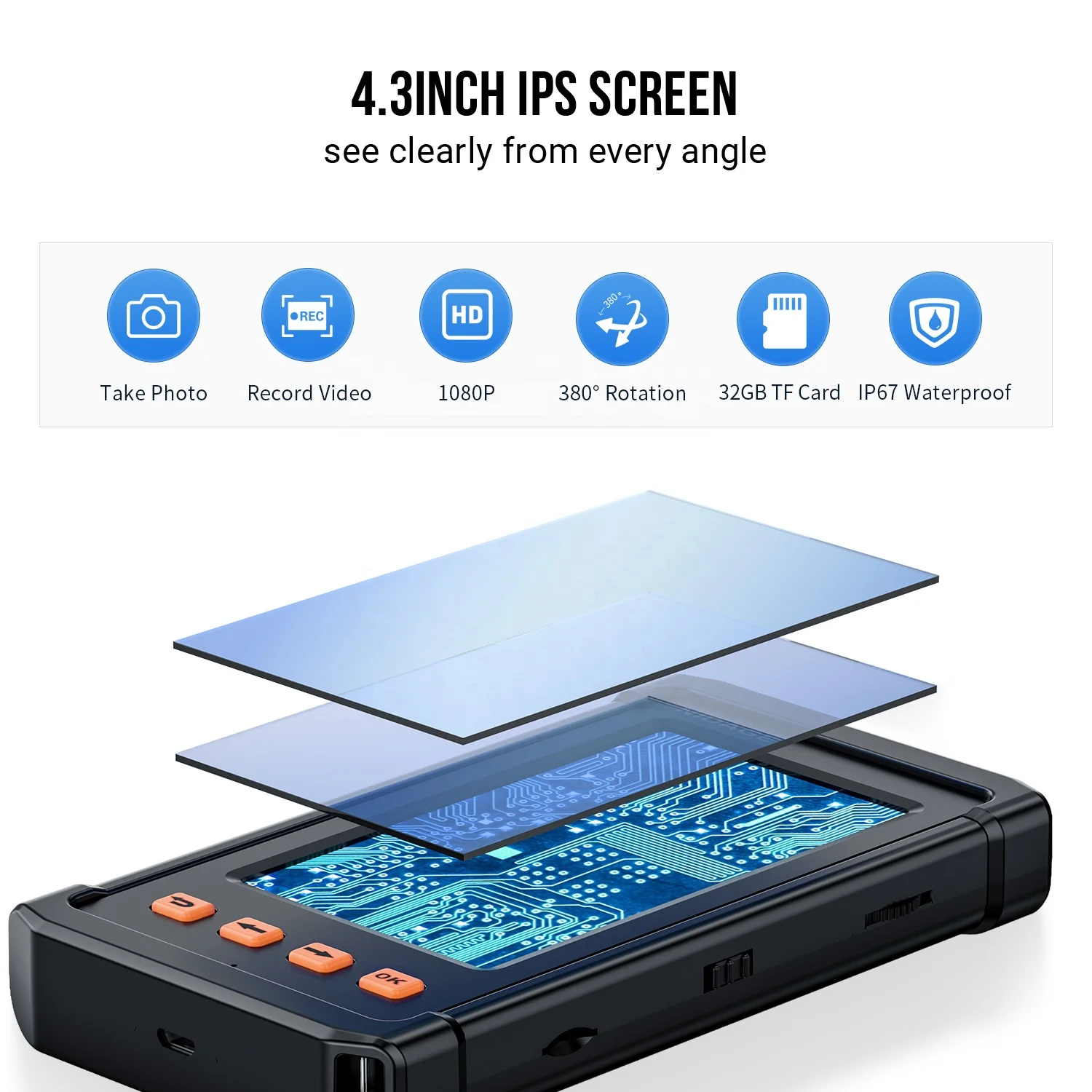 new model 1080P HD borescope 3X digital zoom Dual lens 4.3inch screen IPS high definition display endoscopy camera