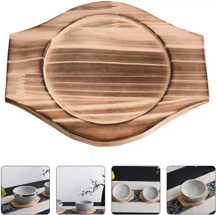 Thickening Anti-Heat Teppanyaki Wooden Board Korean Bibimbap Wooden Serving Tray Solid Wood Hot Pot Stone Bowl Serving Base