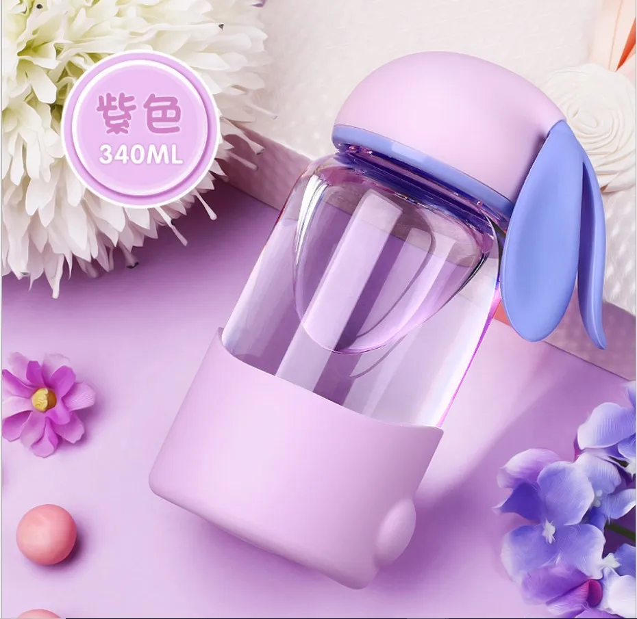 Rabbit ear shape High borosilicate glass with pp cup sleeve water bottle
