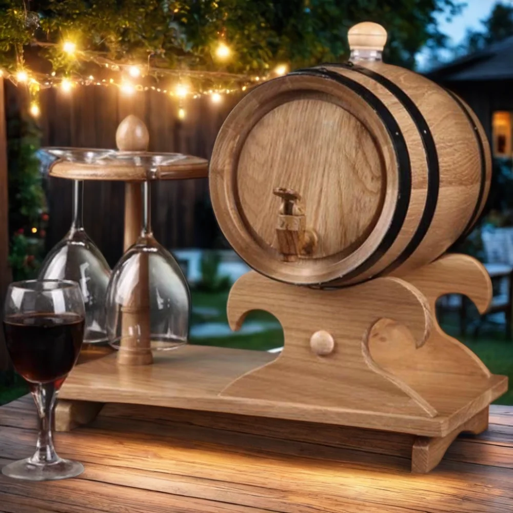 New Design Solid Wooden Wine Barrel Handcrafted Vintage Whiskey and Wine Storage Barrel with Glass Holder for Gifts