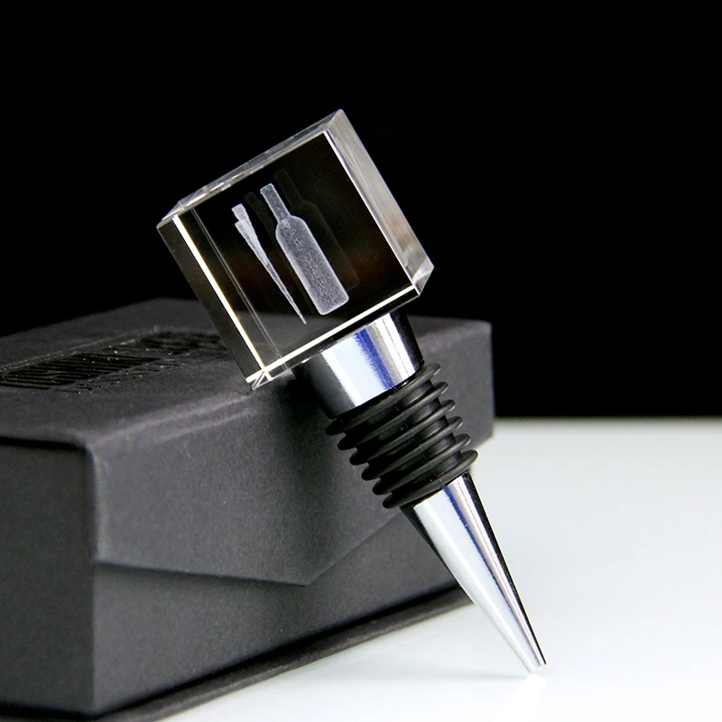 Popular Crystal Glass Cube With Laser Engraved Logo For Wine Bottle Stopper Champagne Bottle Stoppers Custom