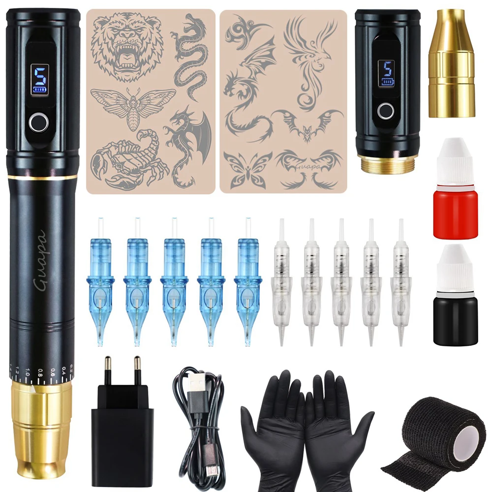 Dual Use Rotary Tattoo Pen Machine Wireless Permanent Makeup Gun with 2 Heads for 9mm Spiral Needles and Universal Cartridge