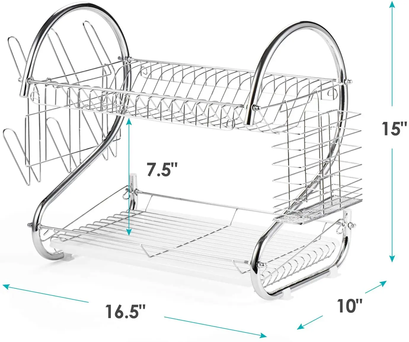 2-Tier Full Sized Dish Drying Rack with Utensil Holder and Cup Holder with Dish Water Drain Board Tray Rustproof Chrome Plating