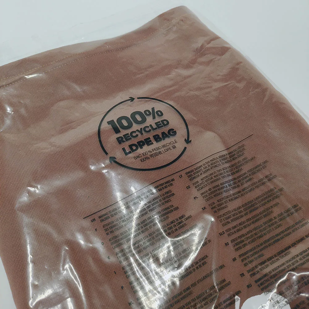 Custom Clear Plastic GRS PCR Transparent 30% PE Post Consumer 100% Recycled LDPE Polybags Clothing Bags With Suffocation Warning