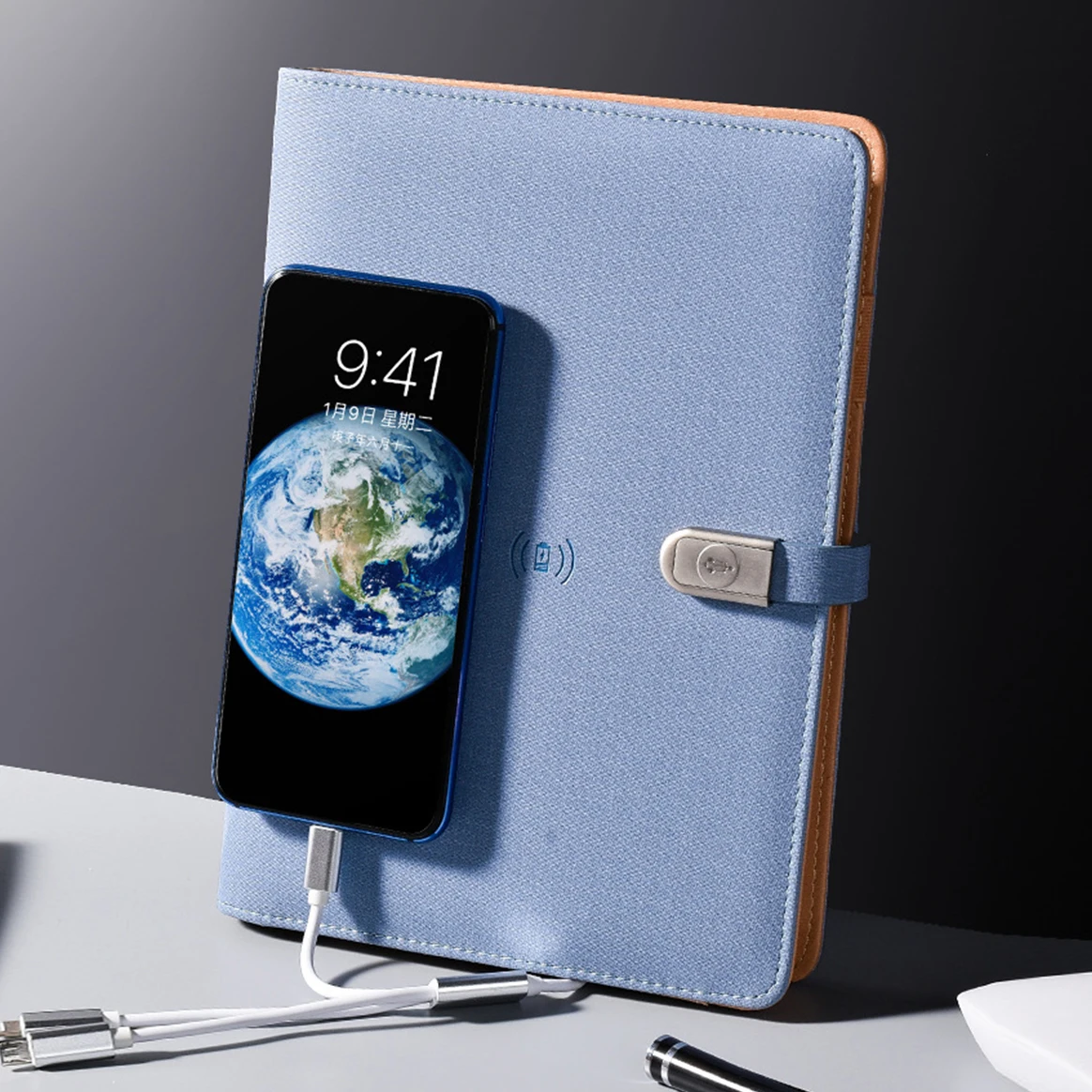 Shenzhen Custom Logo Loose Leaf Diary,8000mah 16g USB A5 Leather Multifunctional Power Bank With Wireless Charging Notebook