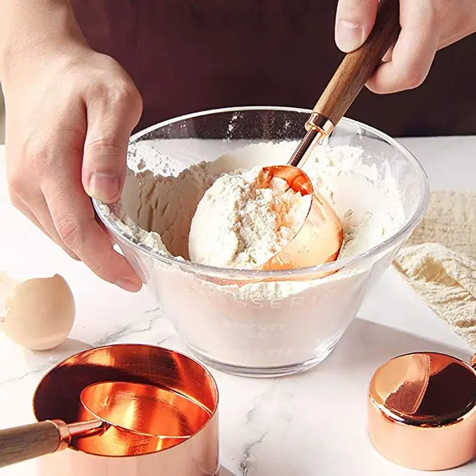 4 pieces wooden handle Coffee stainless steel copper plated measuring spoons With Wooden Handle