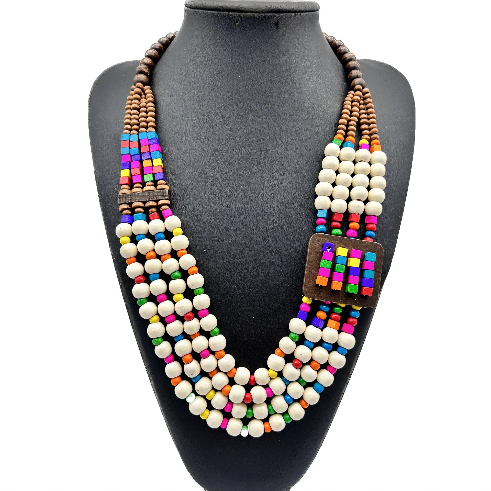 Ethnic style multi-layer wooden bead geometric necklace exaggerated sweater chain jewelry necklace
