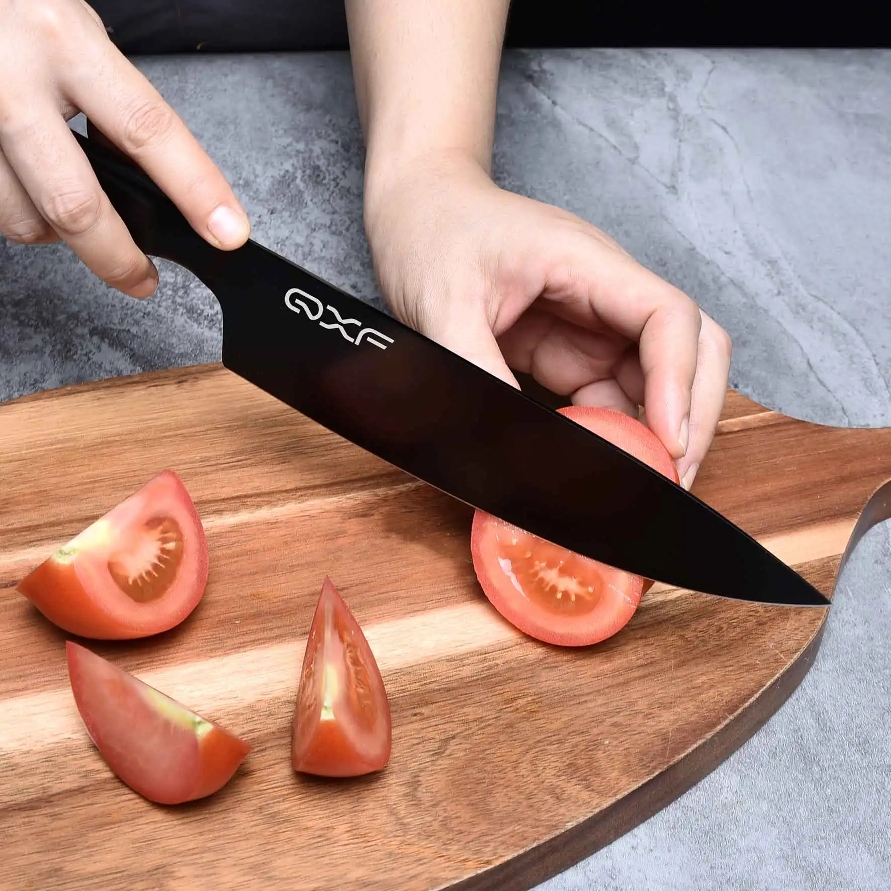 QXF 6 PCS Black Coated Painted Kitchen Knife Set 5Cr15MoV Stainless Steel Hollow Handle Chef Knife with Acrylic Wood Knife Stand
