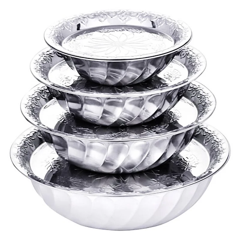 Kitchen Stainless Steel Round Basin Serving Bowl Basin with Lid Flower Design Dinner Set Gold Plate
