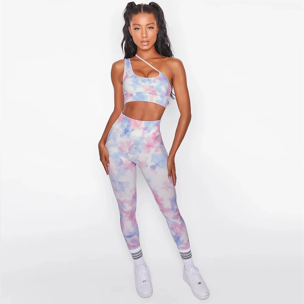
Women Tie Dye Fitness Yoga Wear One Shoulder Beauty Back 2 Piece Crop Top Sports Wear Set 