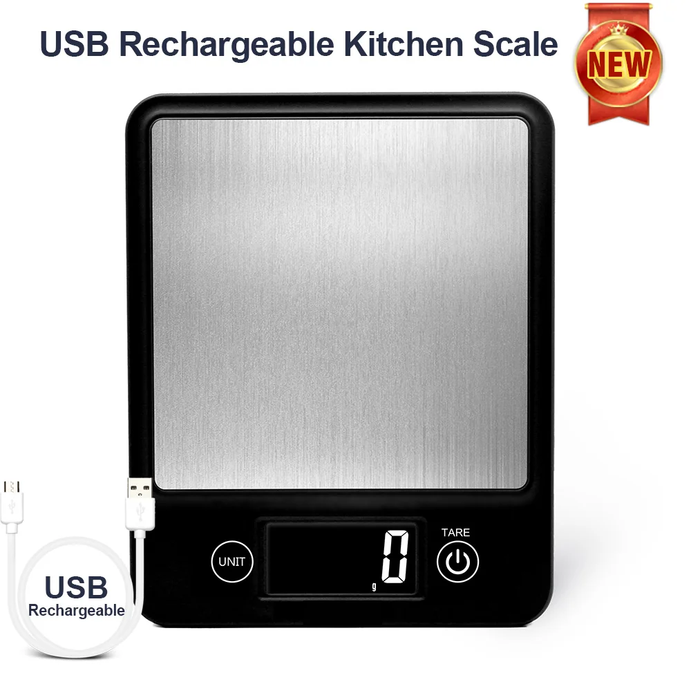 High-End USB Stainless Steel Electric Kitchen Scale Good Grips 1kg 3kg 5kg Digital Display Food Scale Rectangle Shape Battery