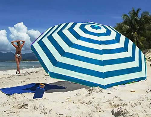 beach umbrella  Outdoor Portable UV 50+ Blue White Stripe for Patio Garden Beach Pool Backyard