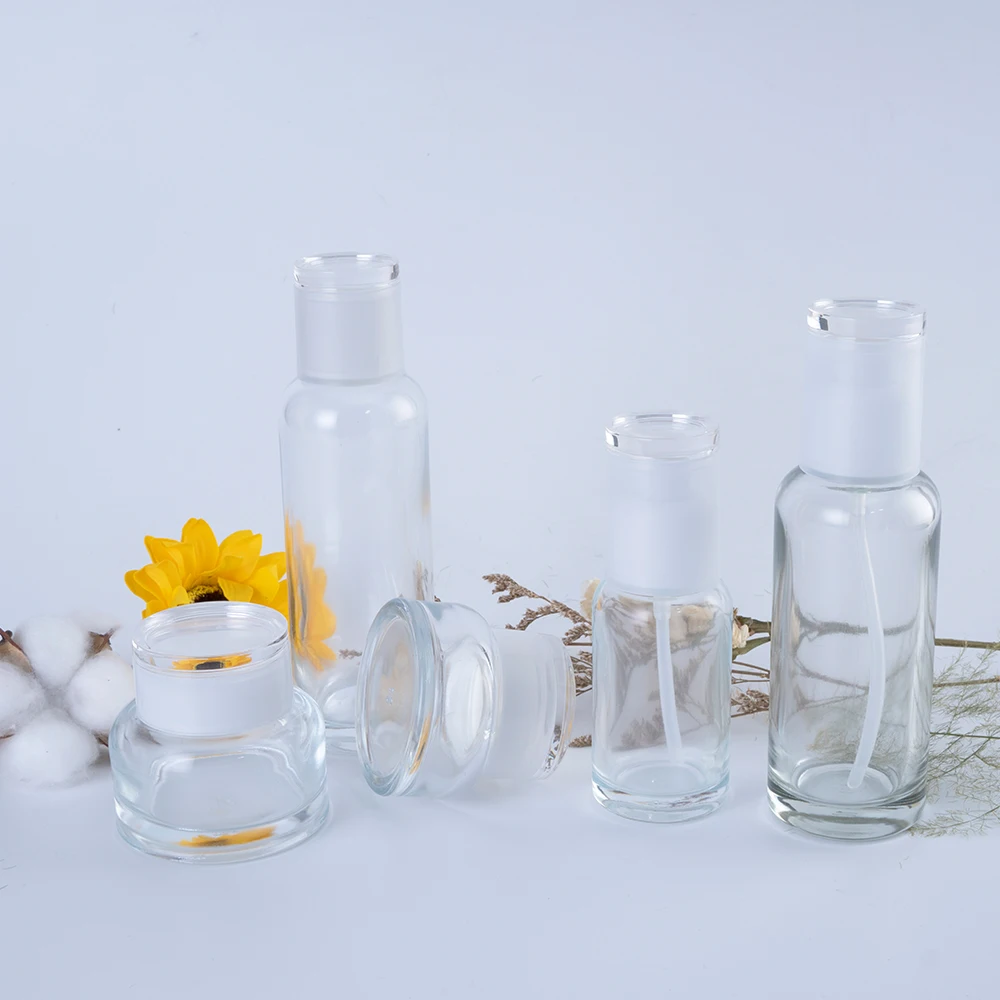 High-grade Transparent Glass Cover Spray Lotion Press Pump Bottles Cream Jars Cosmetic Packaging Containers