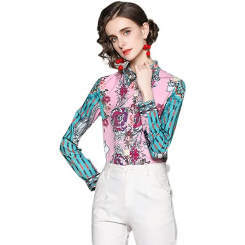 DD1147045#European and American fashion all-match waist waist was thin positioning printing shirt