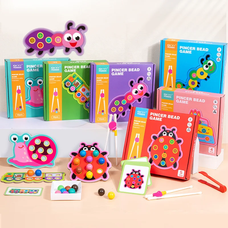 Wooden educational toy pincer bead game kids funny bead clamping game clip on beads hand eye coordination training