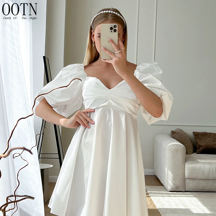 OOTN 2022 Lady Women Elegant Pleated Casual Party Prom Dresses Puff Sleeve Square Neck A-Line Mini Dress Summer Sexy White Dress