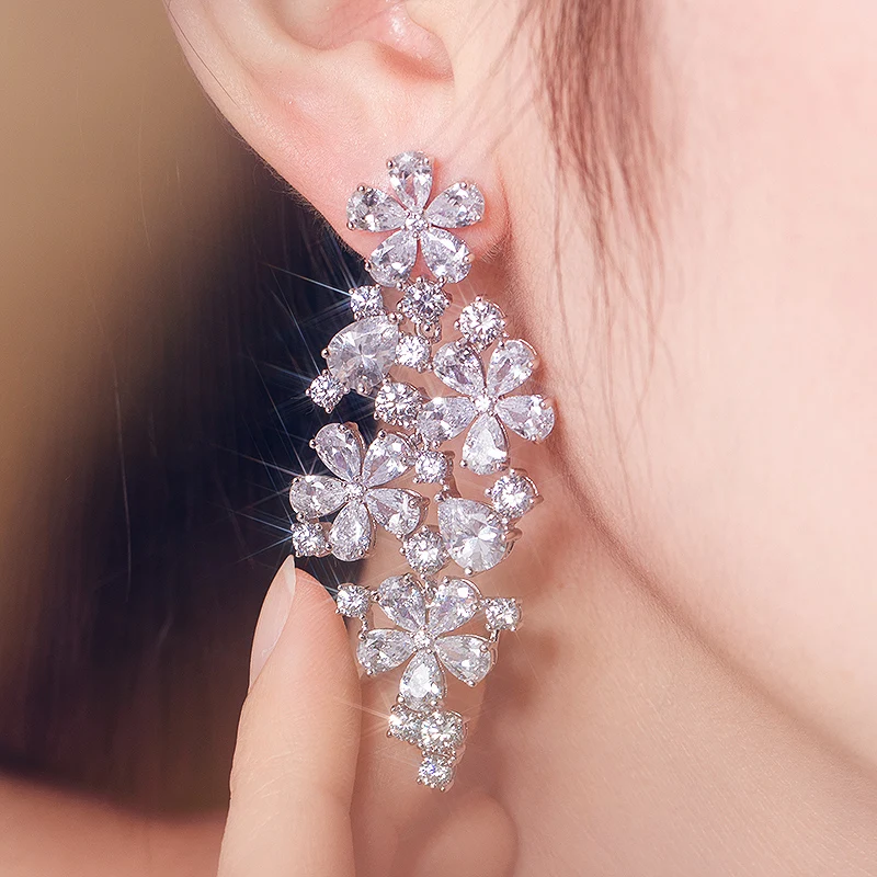 custom 925 silver zircon drop earrings diamond baguette cz large luxury color cubic zirconia silver earring for women jewelry