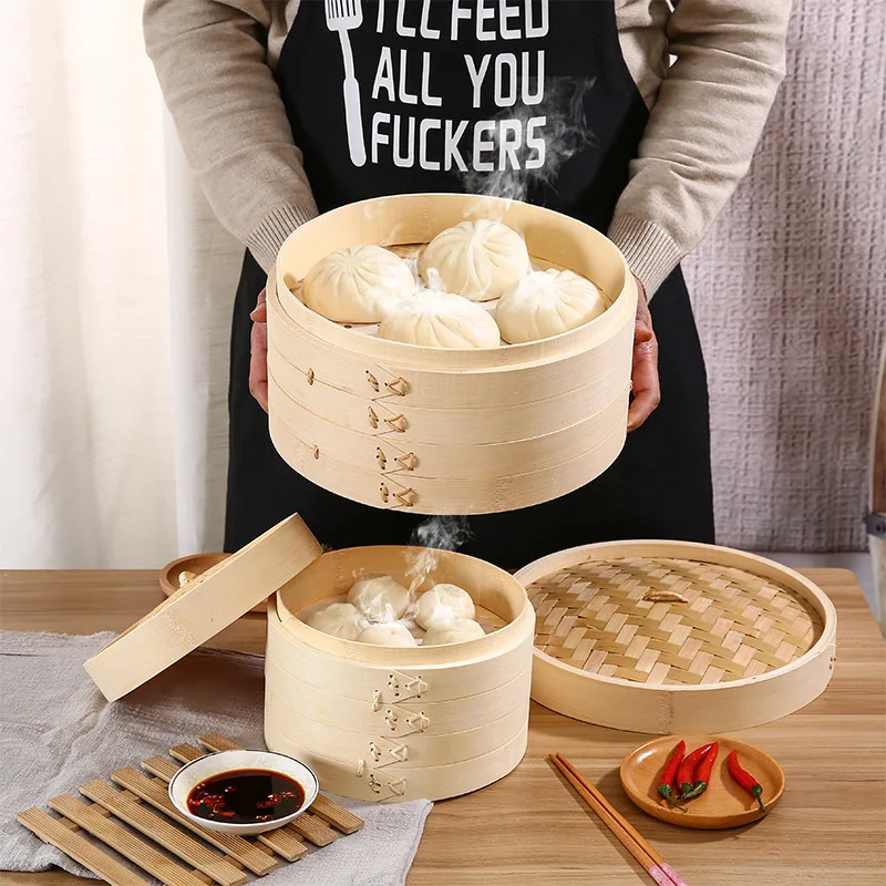 10 Inch 2 Tiers Kitchen Mini Bamboo Cookware Food Steamers Cooker Basket Set With Ring Adapter Silicone Liner And Dumpling Mod