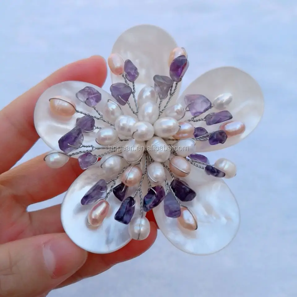 BRH37 Amethyst and Freshwater Pearls Natural White Mother of Pearl Shell Handmade Flower Brooch