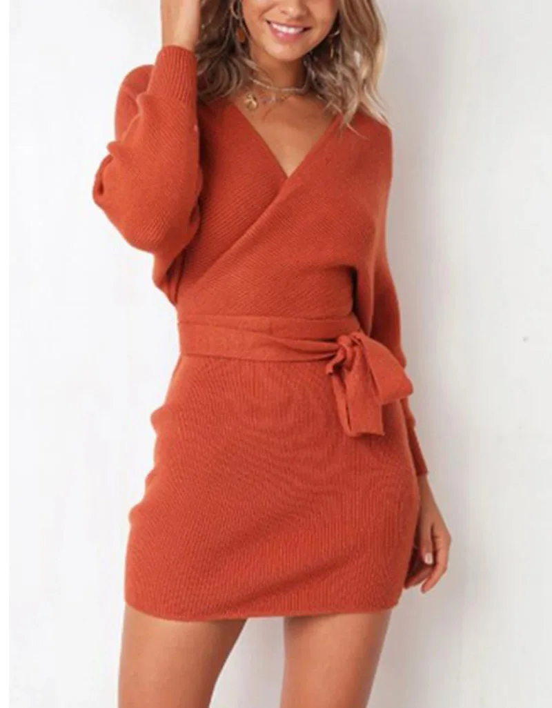 Unique Sweater Dresses Women Knit Dress Autumn Winter 2021 Long Sleeve Casual Solid Mini Dress