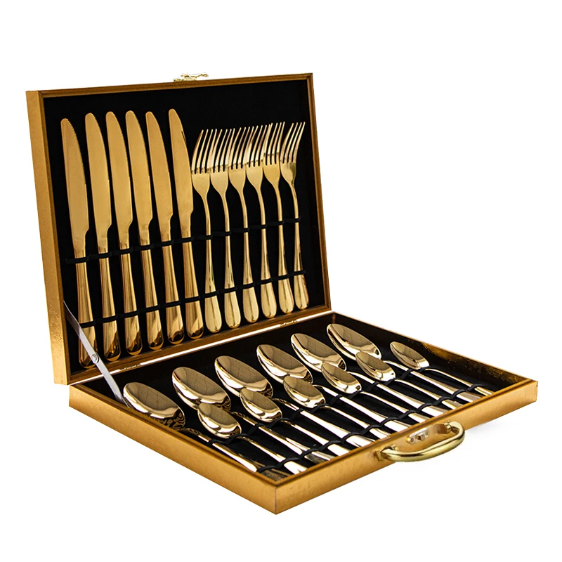 Manufacturer wholesale cutllery wedding 24pcs Golden 1010 Stainless steel Cutlery set Spoon Forks Knifes Set with wooden box