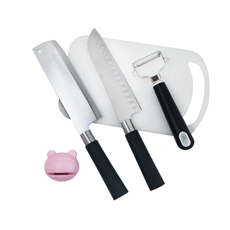 4-piece Kitchen Cutlery Chef And Meat Knife Peeler Cutter With Serving Bamboo Board