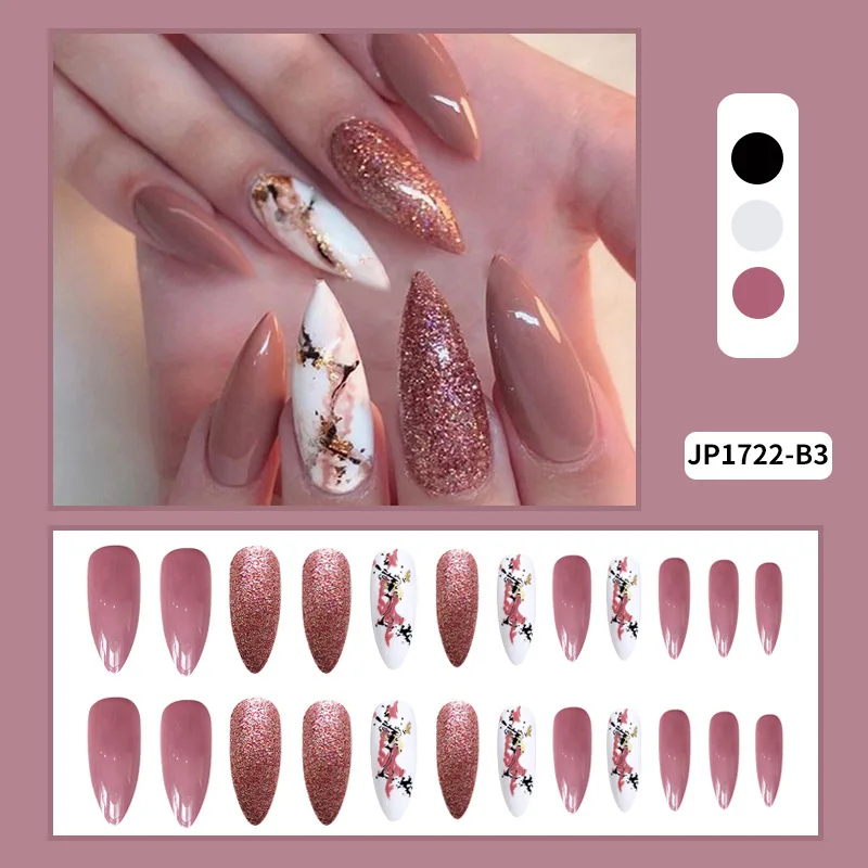 24Pcs Marble Blue Long Coffin False Nails with Gold Wave Lines artificial fingernails Press On Nails Tips