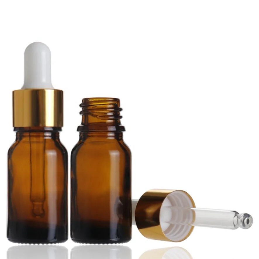 Empty amber round essential oil dropper 10ml glass bottle for perfume with golden metal plastic dropper