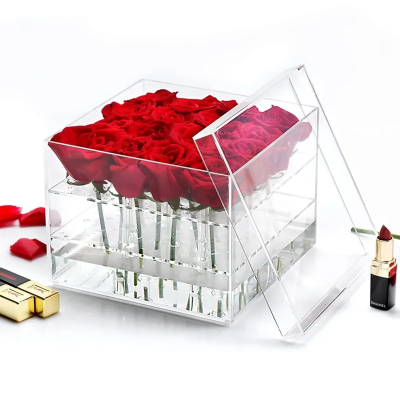 Decorative Square Vase with Removable 2 Tiers Acrylic Flower Box Water Holder Acrylic Rose Pots Stand