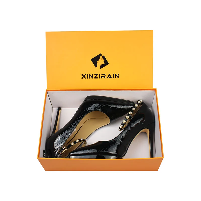 Women Pearl Buckle Genuine Leather Stiletto Heels Black Sheepskin Insole Embossed Patent Cow Leather Fabric Pointed Toe Pumps