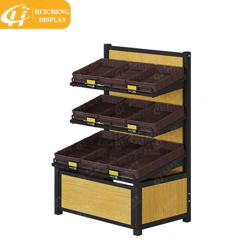 Customizable supermarket store display metal wooden fruit and vegetable stand rack and gondola shelf for sale